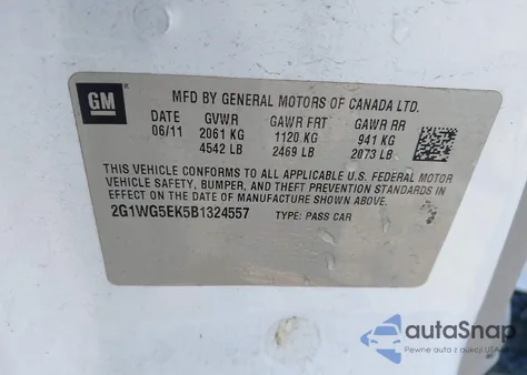 2011 Chevrolet Impala Lt z USA, uszkodzony, nr VIN 2G1WG5EK5B1324557